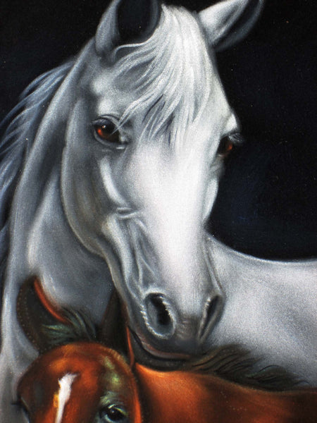 Mare and Colt, Horse, Original Oil Painting on Black Velvet by
