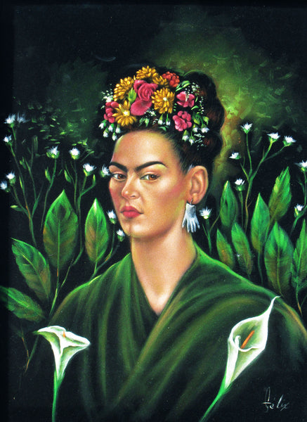 Frida Kahlo Portrait Original Oil Painting on Black Velvet by Enrique Felix  , 