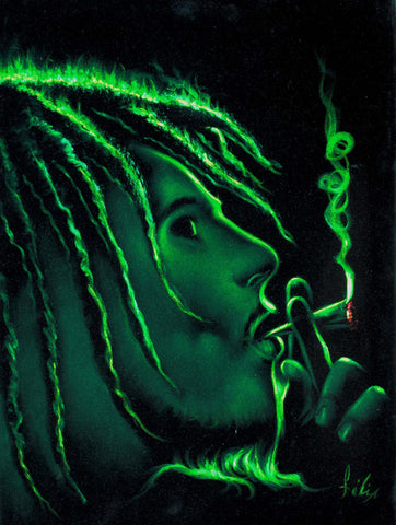 Bob Marley Smoking, Original Oil Painting on Black Velvet by Enrique Felix , "Felix" - #F114
