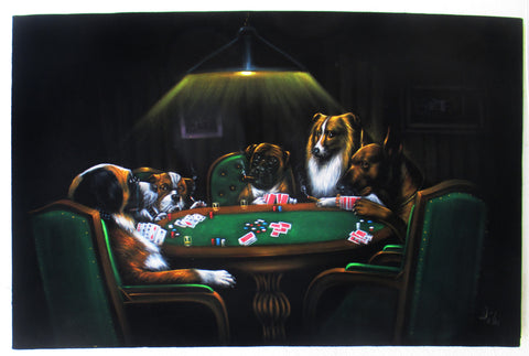 Dogs playing poker, Original Oil Painting on Black Velvet by Enrique Felix , "Felix" - #F168