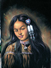 Indian Girl Portrait  Original Oil Painting on Black Velvet by Enrique Felix , "Felix" - #F231