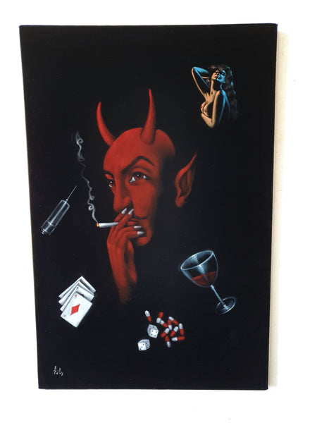 The Devil's Vices: Original oil painting on black velvet by E