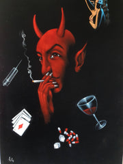 The Devil's Vices: Original oil painting on black velvet by E. Felix (size 36"x24") F268
