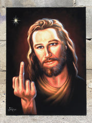 Jesus Christ  middle finger; "Bird of Christ"  ; Original Oil painting on Black Velvet by Jorge Terrones - #j245