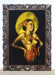 Nude Hina Rapa ; Polynesian topless nude; reproduction of an Edgar Leeteg Hawaiian Oil; on Black Velvet by Zenon Matias Jimenez- JM122