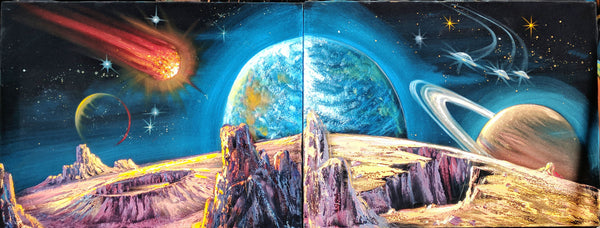 Diptych (2 PAINTINGS )- Planetary Space Meteor Panoramic Original