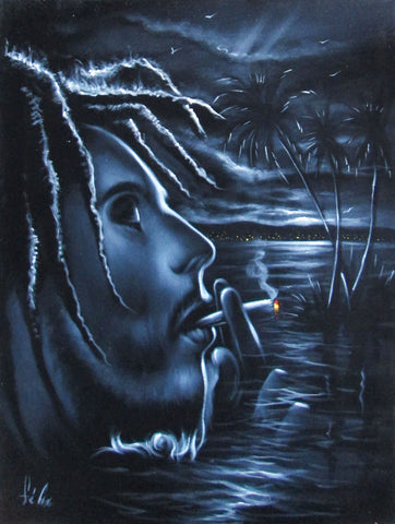 Bob Marley Smoking, Original Oil Painting on Black Velvet by Enrique Felix , "Felix" - #F142