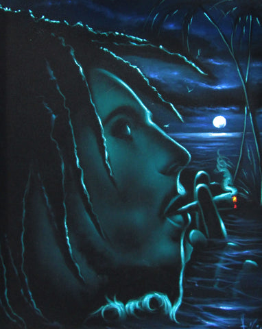 Bob Marley Smoking, Original Oil Painting on Black Velvet by Enrique Felix , "Felix" - #F144