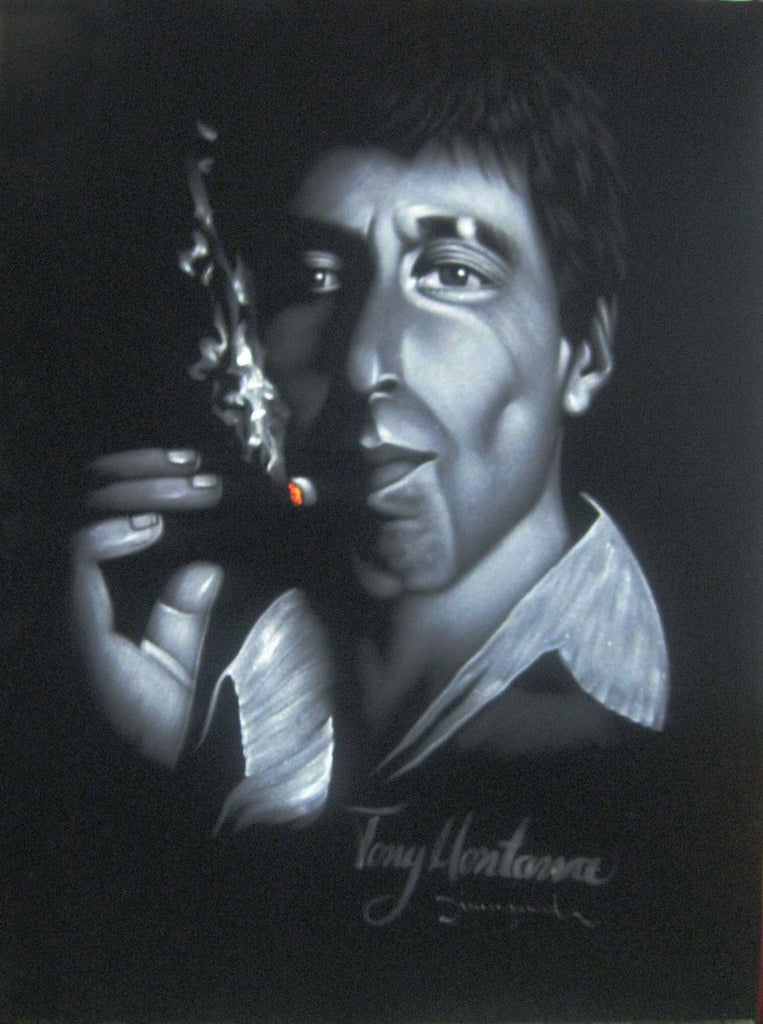 Tony Montana portrait; Al Pacino; Scarface; Original Oil painting on Black Velvet by Zenon Matias Jimenez- #JM01