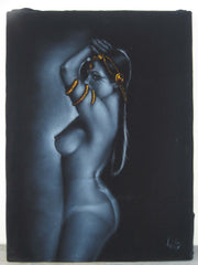 Nude, Sexy Egyptian Playboy Nude in Grey-scale,  Original Oil Painting on Black Velvet by Enrique Felix , "Felix" - #F90