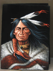 American Indian Portrait; Feathers; Original Oil Painting on Black Velvet ;   by Jorge Terrones -(size 18"x24")-p2 J014