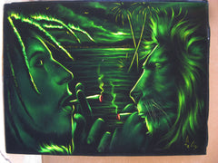Bob Marley and Lion  Smoking,  Original Oil Painting on Black Velvet by Enrique Felix , "Felix" - #F75