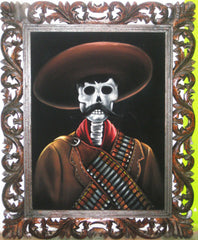 Zapata, Calavera de Emiliano Zapata,  Oil Painting Portrait on Black Velvet; Original Oil painting on Black Velvet by Santos Llamas- #SA98