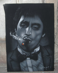 Tony Montana portrait; Al Pacino; Scarface; Original Oil painting on Black Velvet by Zenon Matias Jimenez- #JM07