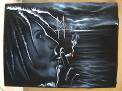 Bob Marley Smoking,  Original Oil Painting on Black Velvet by Enrique Felix , "Felix" - #F74