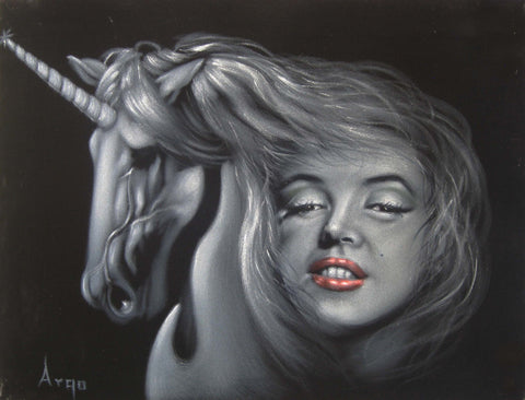 Marilyn Monroe  with Unicorn, Original Oil Painting on Black Velvet by Alfredo Rodriguez "ARGO" - #A9