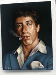 Tony Montana Portrait , Al Pacino, Scarface Original Oil Painting on Black Velvet by Alfredo Rodriguez "ARGO" - #A156