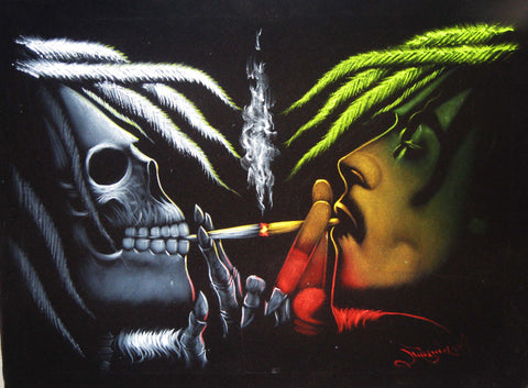 Bob Marley & Skull portrait; Robert Nesta "Bob" Marley; Rasta colors, Original Oil painting on Black Velvet by Zenon Matias Jimenez- #JM10