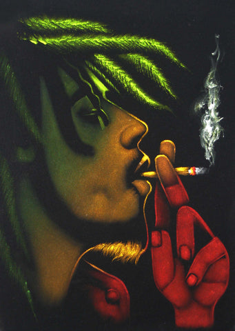 Bob Marley with Weed Leaf; Smokes; Jamaican reggae singer ; Original Oil painting on Black Velvet by Zenon Matias Jimenez- #JM06