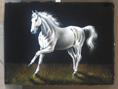 Horse, White  horse running, Original Oil Painting on Black Velvet by Enrique Felix , "Felix" - #F83