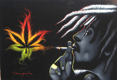 Bob Marley with Weed Leaf; Smokes; Jamaican reggae singer ; Original Oil painting on Black Velvet by Zenon Matias Jimenez- #JM08