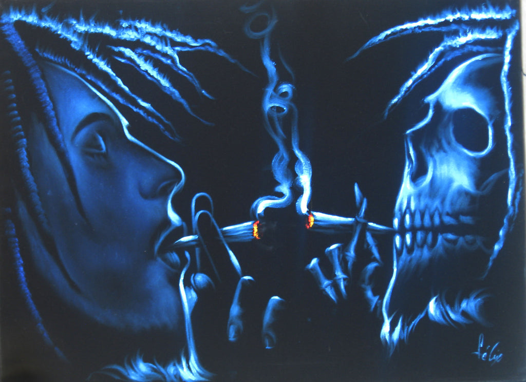 Bob Marley and Skull Smoking,  Original Oil Painting on Black Velvet by Enrique Felix , "Felix" - #F86