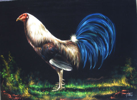 Rooster, Mexican Cock, Original Oil Painting on Black Velvet by Enrique Felix , "Felix" - #F82