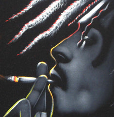 Bob Marley with Weed Leaf; Smokes; Jamaican reggae singer ; Original Oil painting on Black Velvet by Zenon Matias Jimenez- #JM08