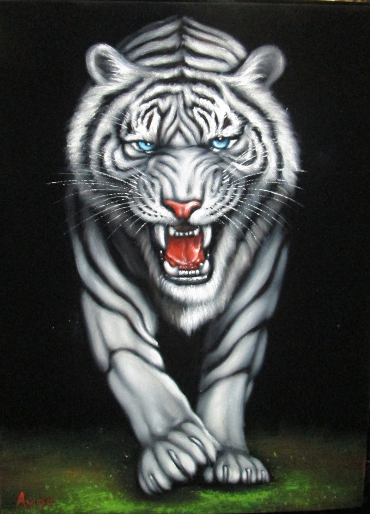 Tiger, White Tiger, Siberian Bengal Tiger,  Original Oil Painting on Black Velvet by Alfredo Rodriguez "ARGO"  - #A100