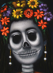 Frida Kahlo Portrait, La Calavera Catrina Skull Original Oil Painting on Black Velvet by Alfredo Rodriguez "ARGO" - #A123