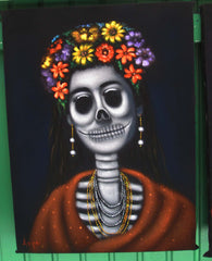 Frida Kahlo Portrait, La Calavera Catrina Skull Original Oil Painting on Black Velvet by Alfredo Rodriguez "ARGO" - #A123