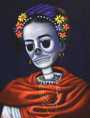 Frida Kahlo Portrait, La Calavera Catrina Skull Original Oil Painting on Black Velvet by Alfredo Rodriguez "ARGO" - #A124