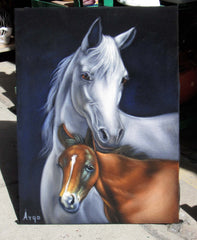 Mare and Colt, Horse,  Original Oil Painting on Black Velvet by Alfredo Rodriguez "ARGO"  - #A131