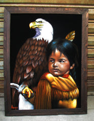 Indian child with eagle,  Original Oil Painting on Black Velvet by Alfredo Rodriguez "ARGO" - #A150