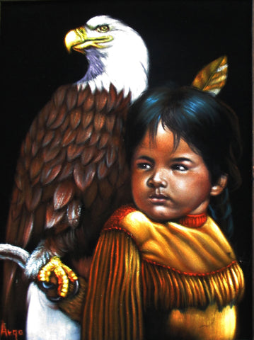 Indian child with eagle,  Original Oil Painting on Black Velvet by Alfredo Rodriguez "ARGO" - #A150