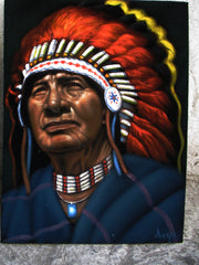 Indian chief,  Original Oil Painting on Black Velvet by Alfredo Rodriguez "ARGO" - #A151