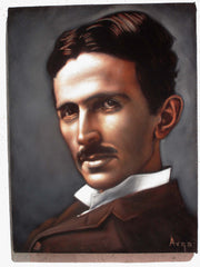 Nikola Tesla Portrait , Serbian American inventor, Original Oil Painting on Black Velvet by Alfredo Rodriguez "ARGO" - #A174