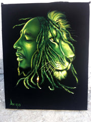 Bob Marley Portrait , Iron Lion Zion, Original Oil Painting on Black Velvet by Alfredo Rodriguez "ARGO" - #A175