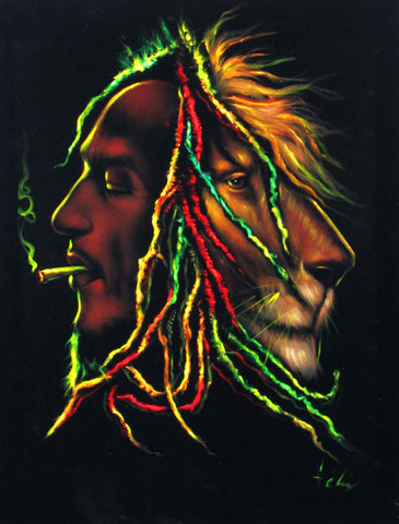 Bob Marley and Lion  Smoking,  Original Oil Painting on Black Velvet by Enrique Felix , "Felix" - #F113