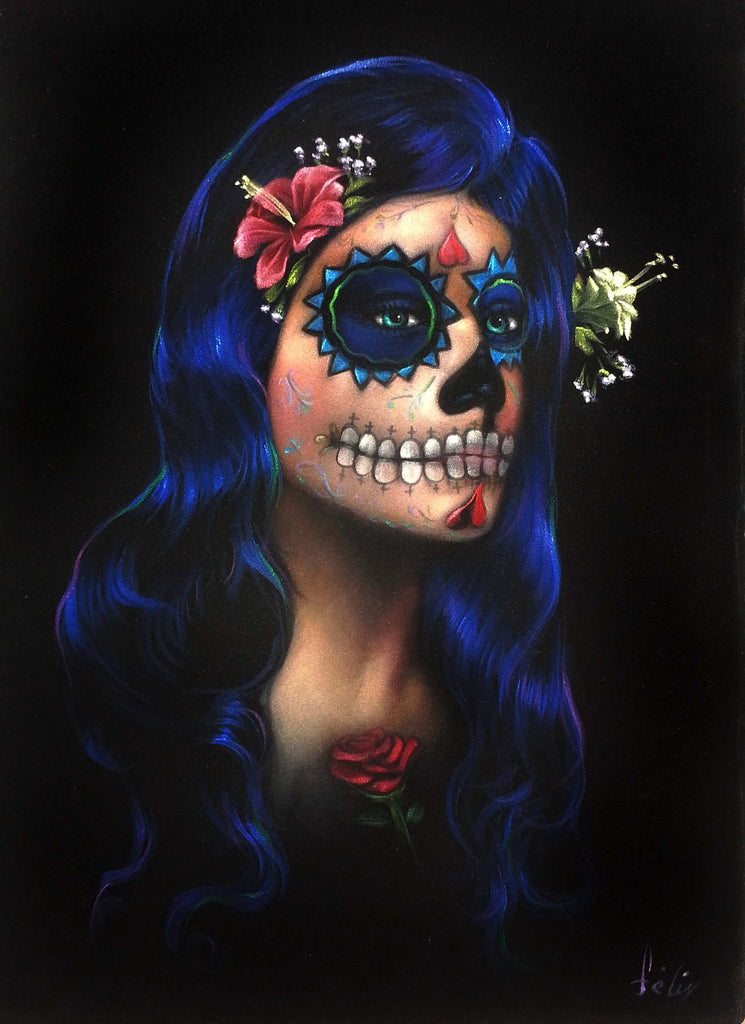 Copy of Sugar Skull Face paint girl, Day of the Dead (Día de los Muertos), Original Oil Painting on Black Velvet by Enrique Felix , "Felix" - #F118