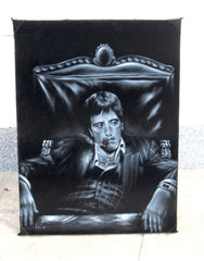 Tony Montana Portrait, in chair with cocaine,  Original Oil Painting on Black Velvet by Enrique Felix , "Felix" - #F125