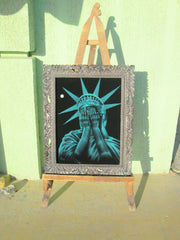 Statue of Liberty Crying, "Liberty in Crisis"  Original Oil Painting on Black Velvet by Enrique Felix , "Felix" - #F126
