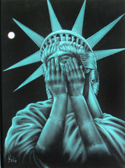 Statue of Liberty Crying, "Liberty in Crisis"  Original Oil Painting on Black Velvet by Enrique Felix , "Felix" - #F126