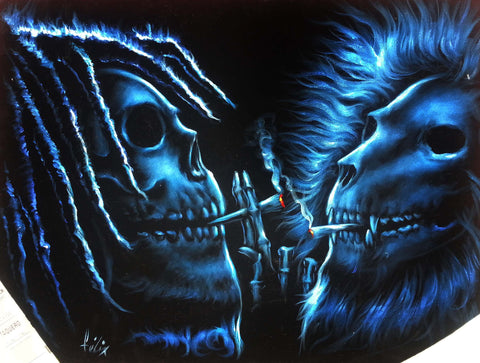 Bob Marley and Lion Skull Smoking,  Original Oil Painting on Black Velvet by Enrique Felix , "Felix" - #F129