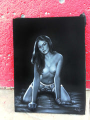 Nude, Sexy Playboy Nude in Grey-scale,  Original Oil Painting on Black Velvet by Enrique Felix , "Felix" - #F131
