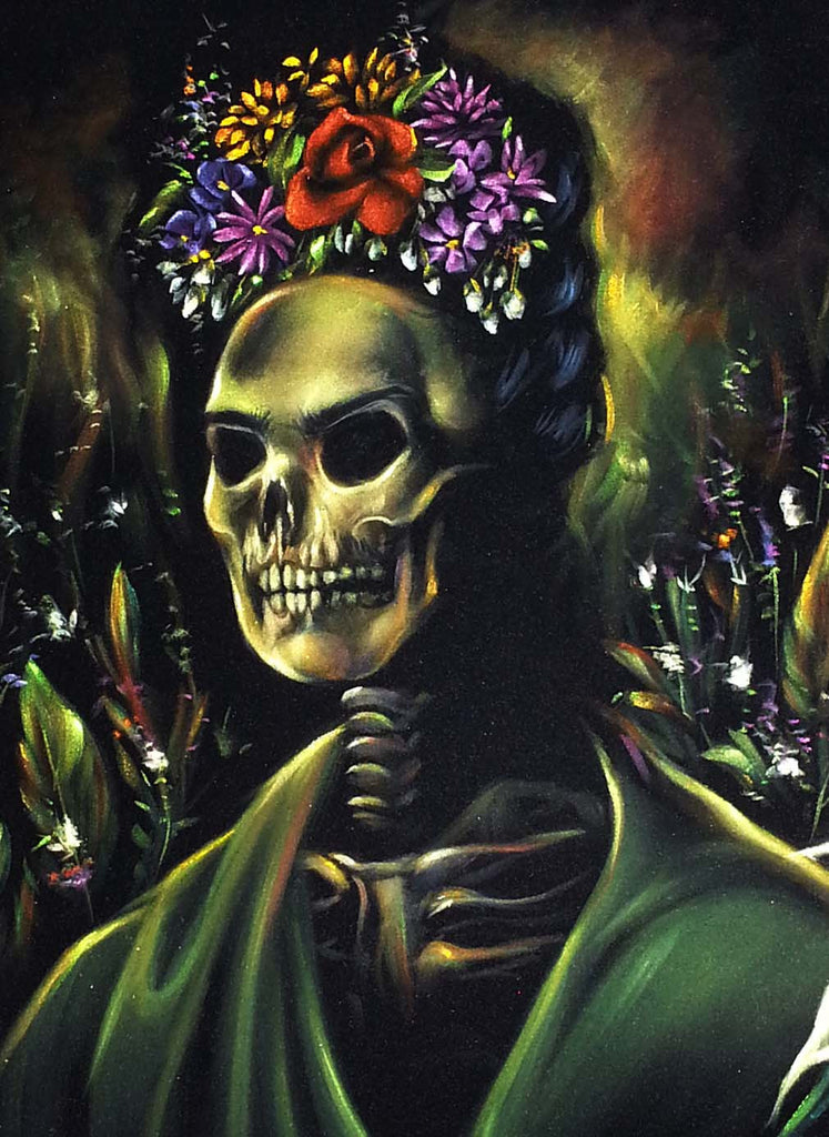 Frida Kahlo Portrait , Calavera de Frida, Original Oil Painting on Black Velvet by Enrique Felix , "Felix" - #F133