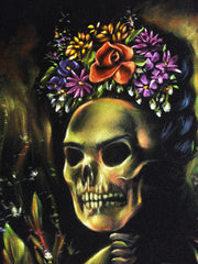 Frida Kahlo Portrait , Calavera de Frida, Original Oil Painting on Black Velvet by Enrique Felix , "Felix" - #F133