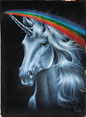 Unicorn,  White magical rainbow Unicorn, Original Oil Painting on Black Velvet by Enrique Felix , "Felix" - #F137