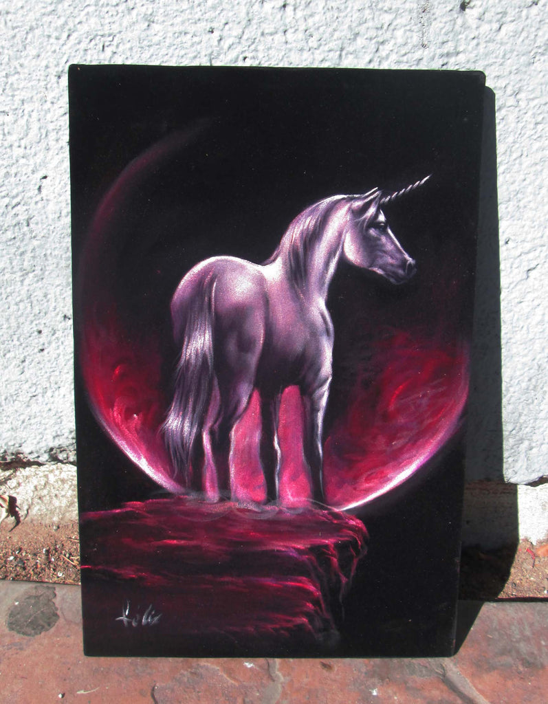 Unicorn, Original Oil Painting on Black Velvet by Enrique Felix , 