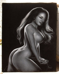 Nude, Sexy Playboy Nude in Grey-scale,  Original Oil Painting on Black Velvet by Enrique Felix , "Felix" - #F167
